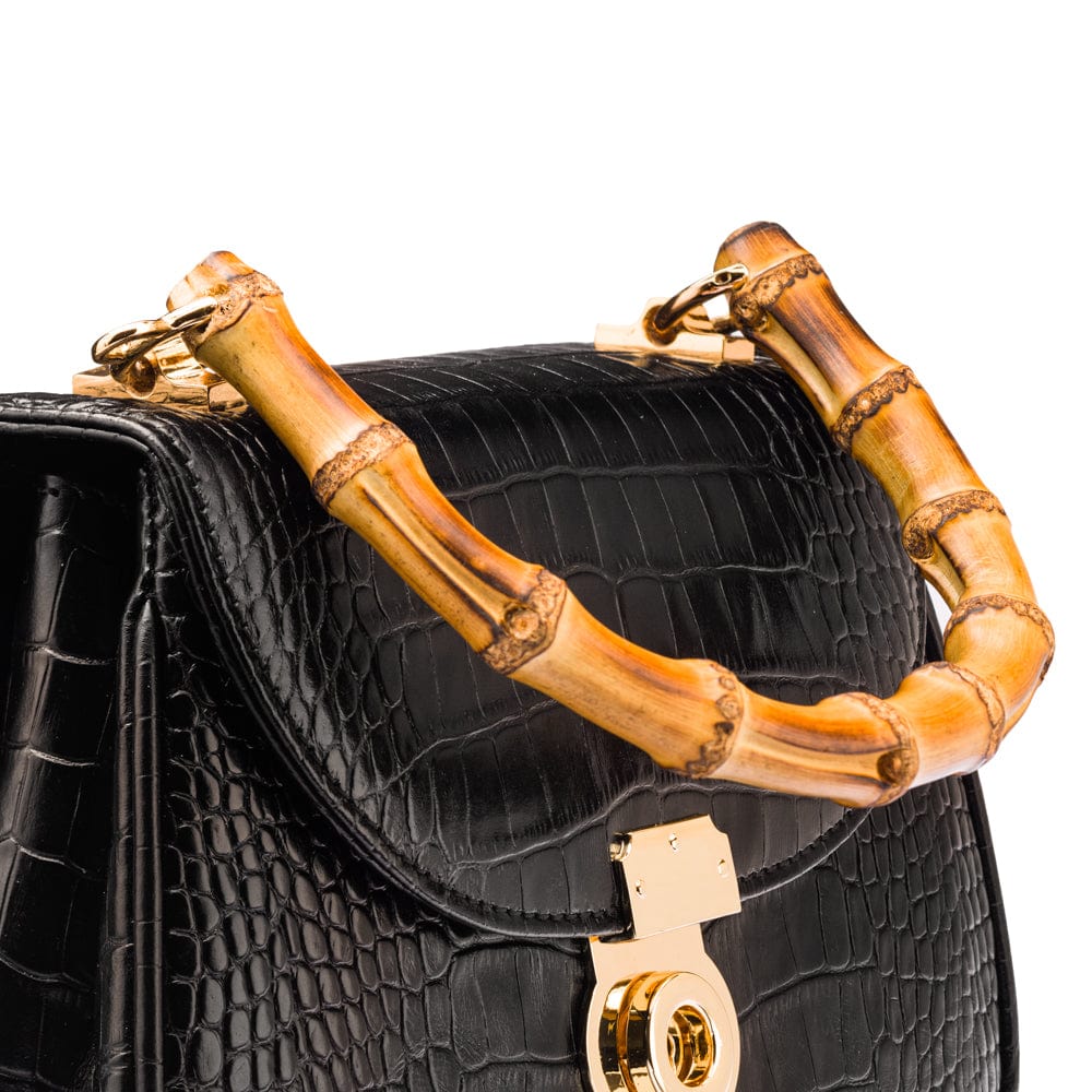 Bamboo handle bag, black croc, bamboo handle close upew