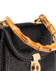 Bamboo handle bag, black croc, bamboo handle close upew