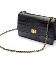 Leather chain bag, black croc, side view