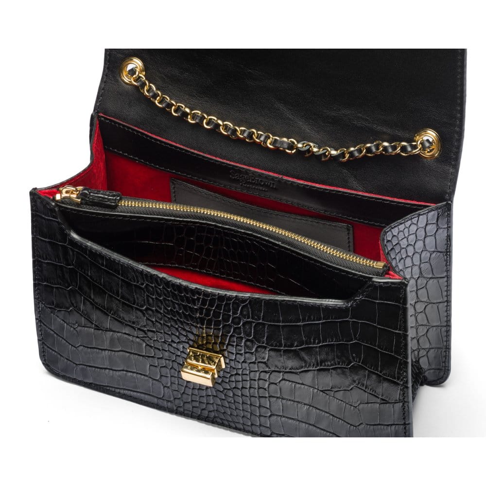 Leather chain bag, black croc, inside view