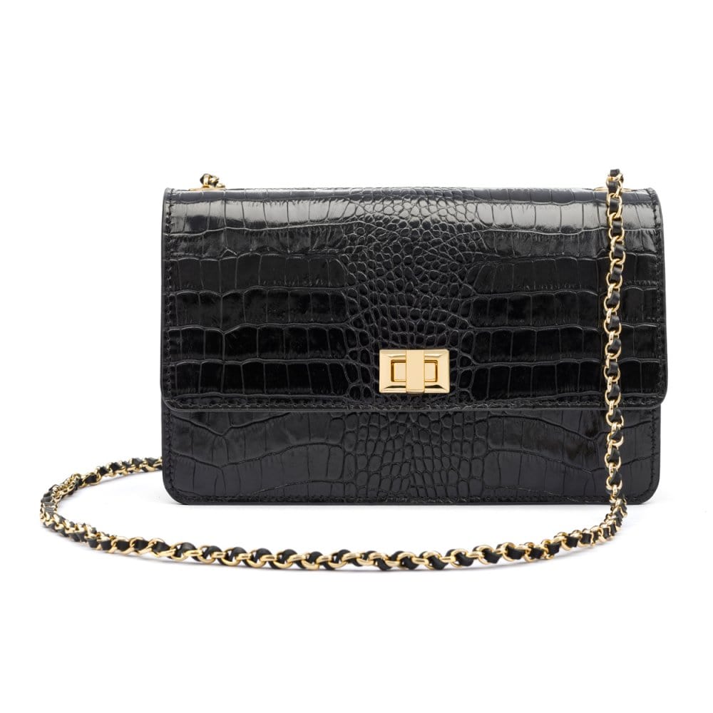 Leather chain bag, black croc, front view