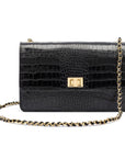 Leather chain bag, black croc, front view