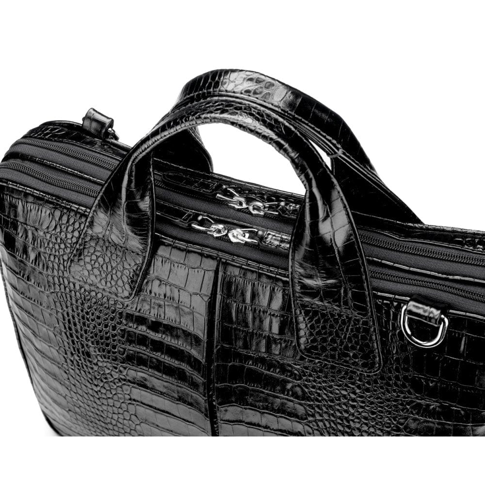 Leather 13" laptop briefcase, black croc, with zip closure