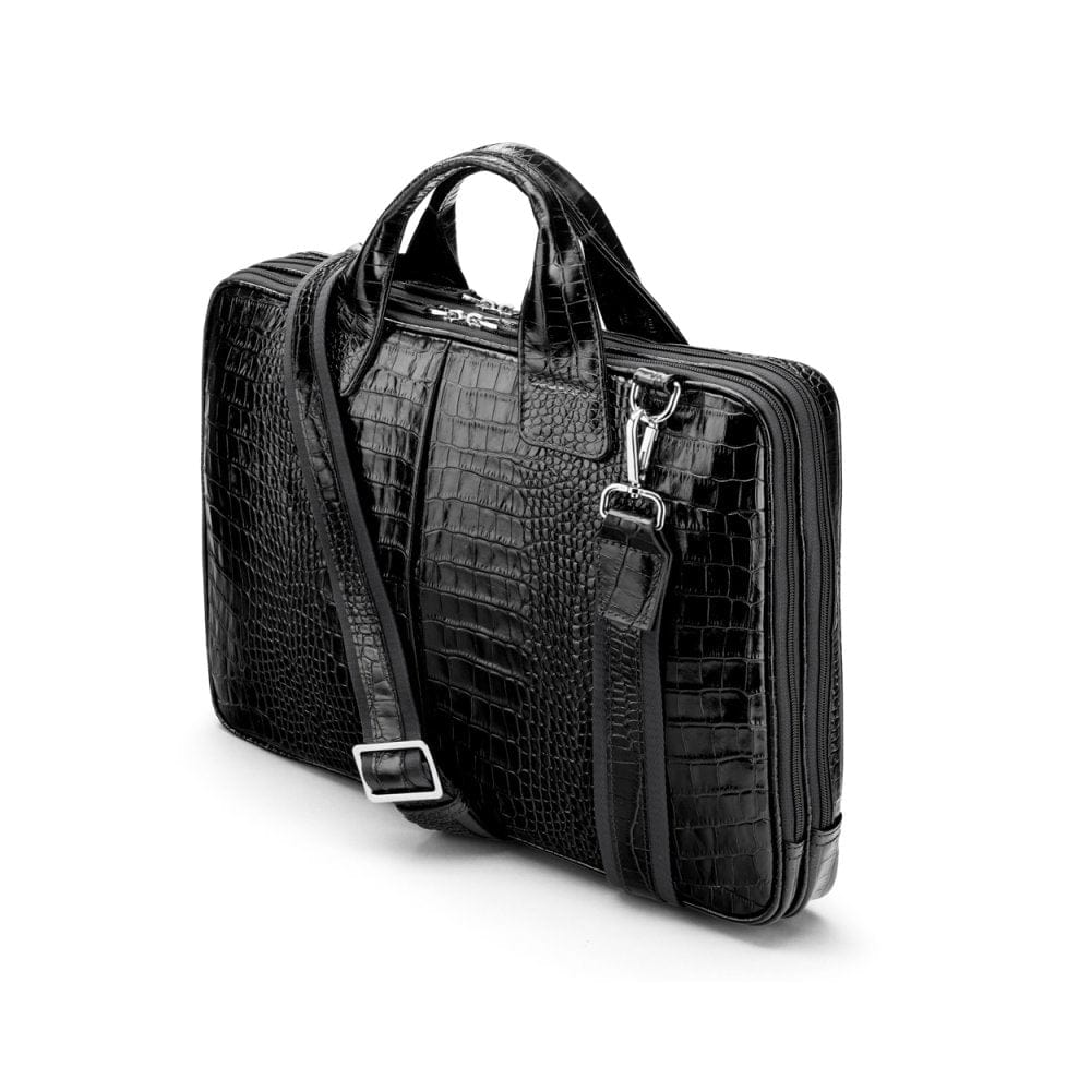 Leather 13" laptop briefcase, black croc, side