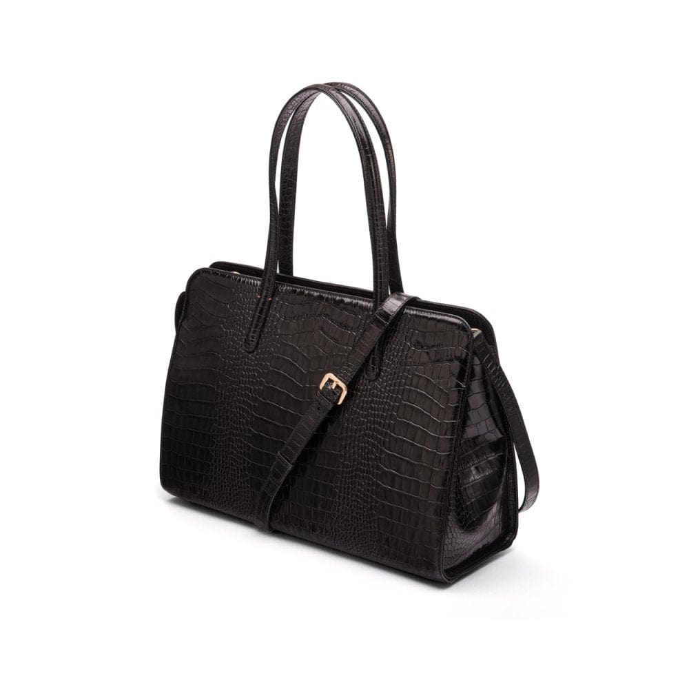 Ladies&#39; leather 15&quot; laptop handbag, black croc, with shoulder strap