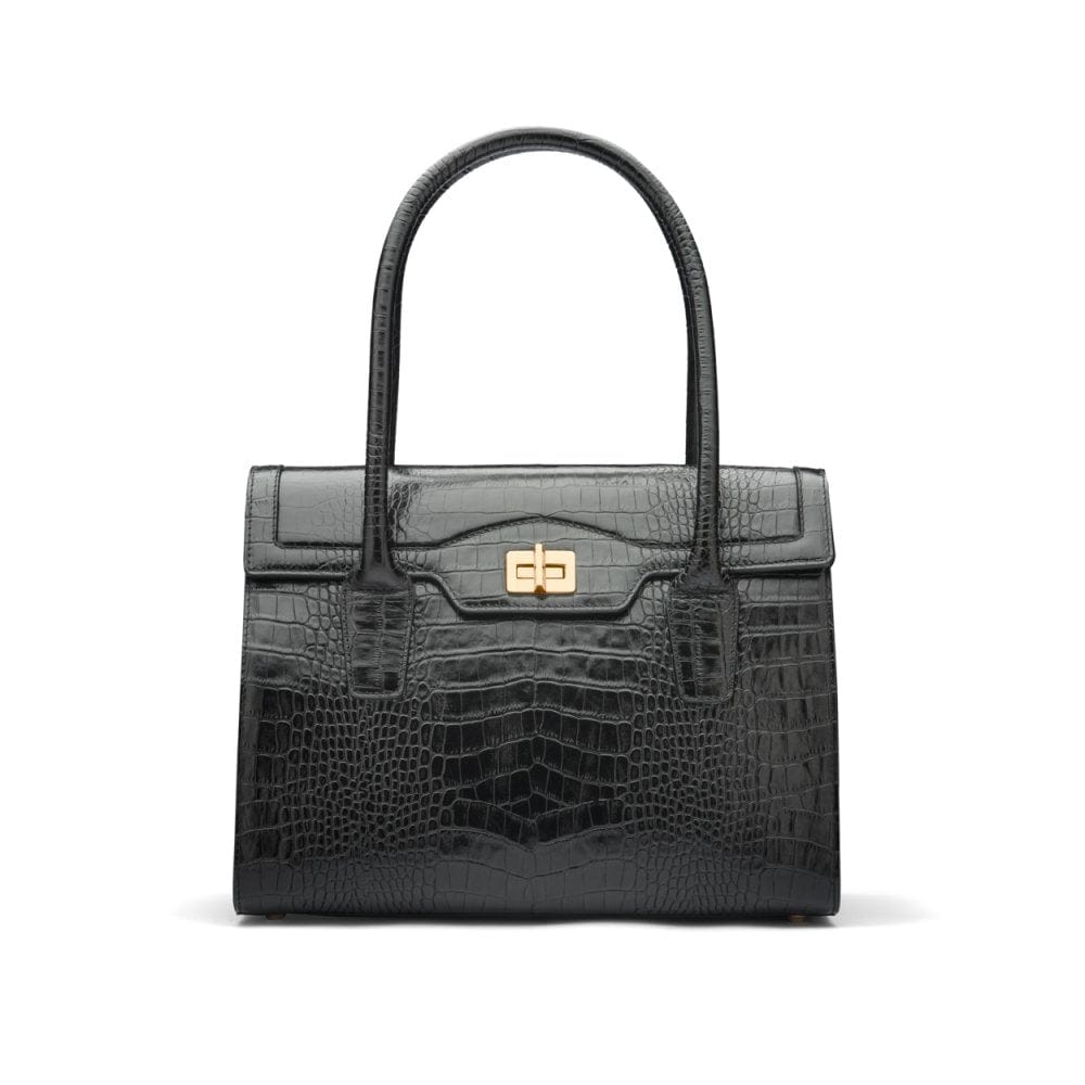 Large leather Morgan bag, black croc, front view