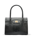 Large leather Morgan bag, black croc, front view