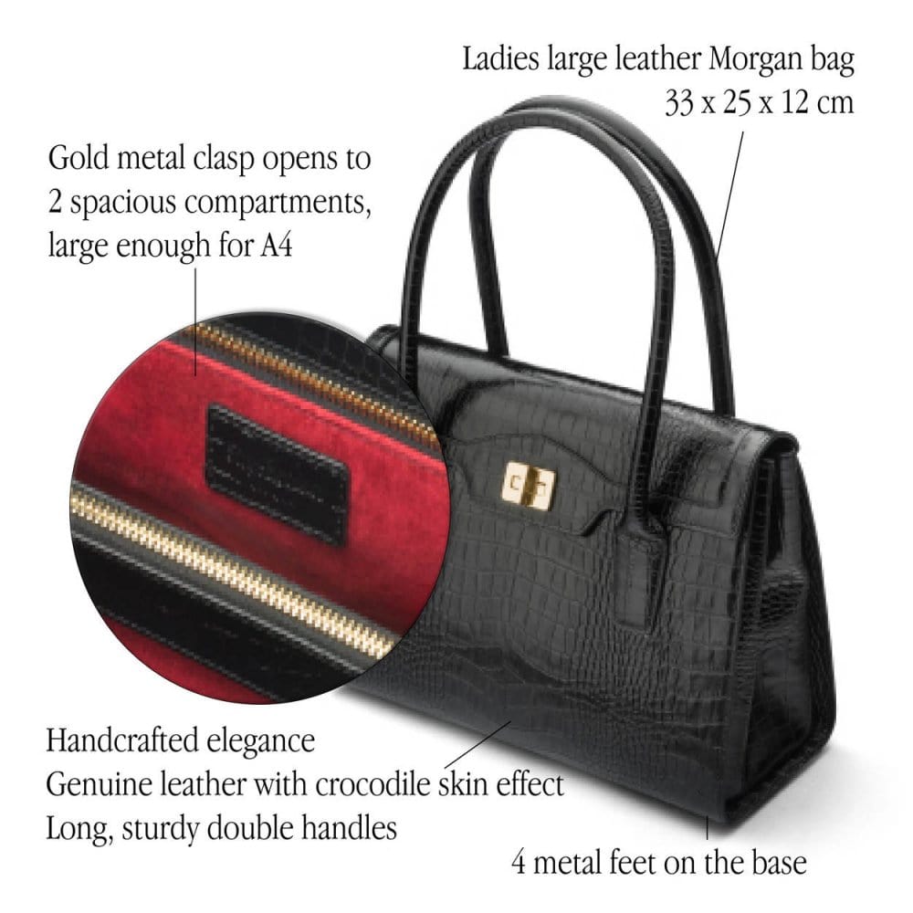 Large leather Morgan bag, black croc, features