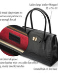 Large leather Morgan bag, black croc, features