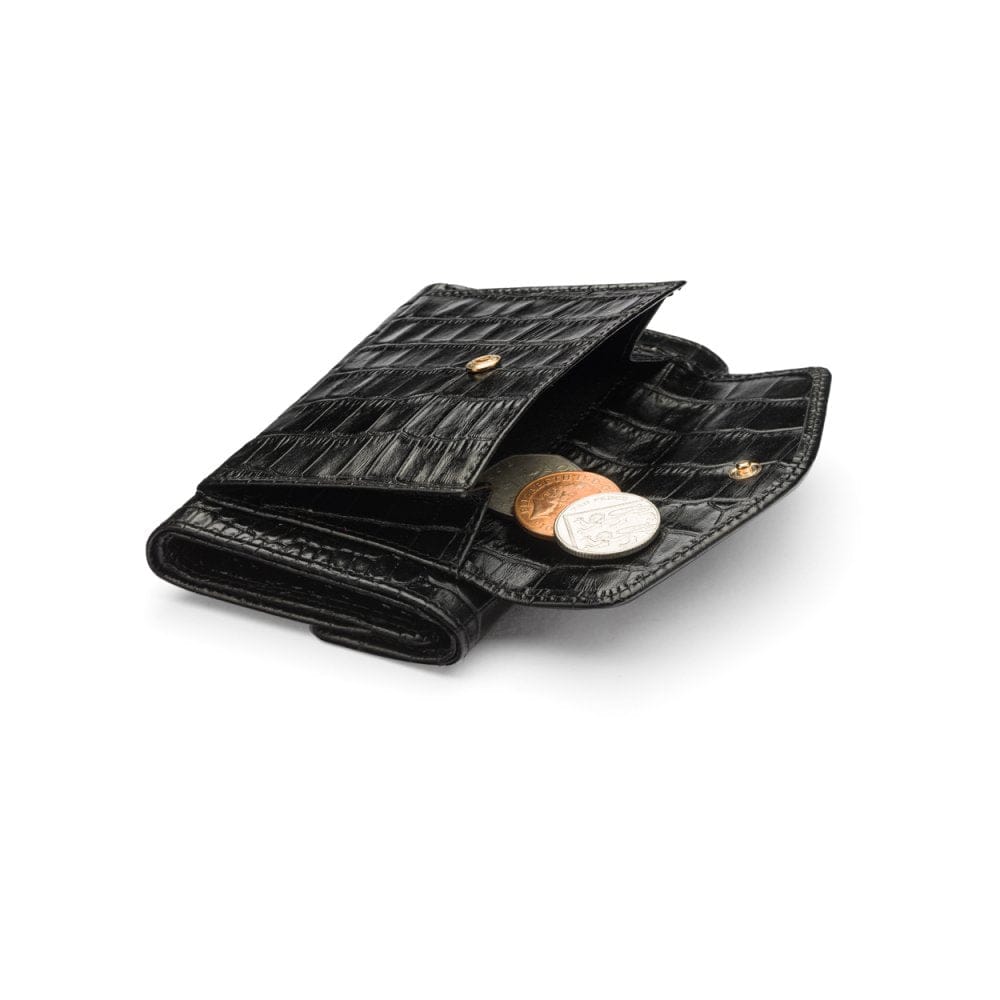 Large leather purse with 15 CC, black croc, back