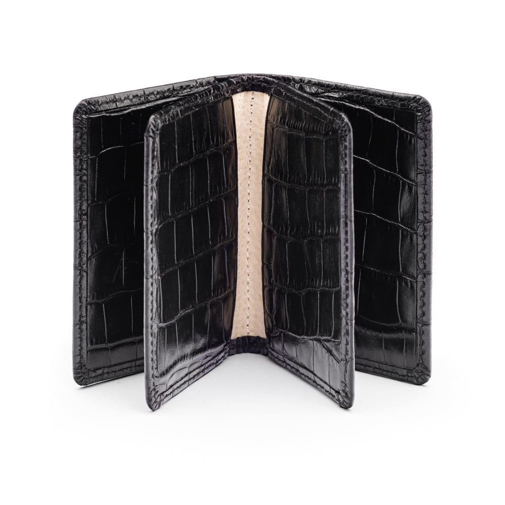 Leather bifold card wallet, black croc, open