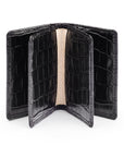 Leather bifold card wallet, black croc, open