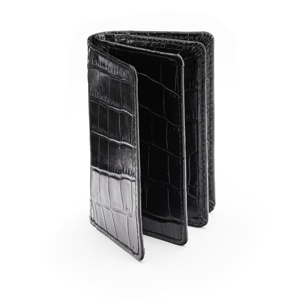 Leather bifold card wallet, black croc, front