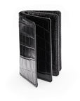 Leather bifold card wallet, black croc, front