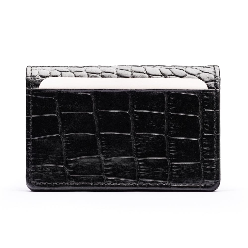 Leather bifold card wallet, black croc, front view