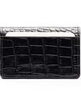 Leather bifold card wallet, black croc, front view