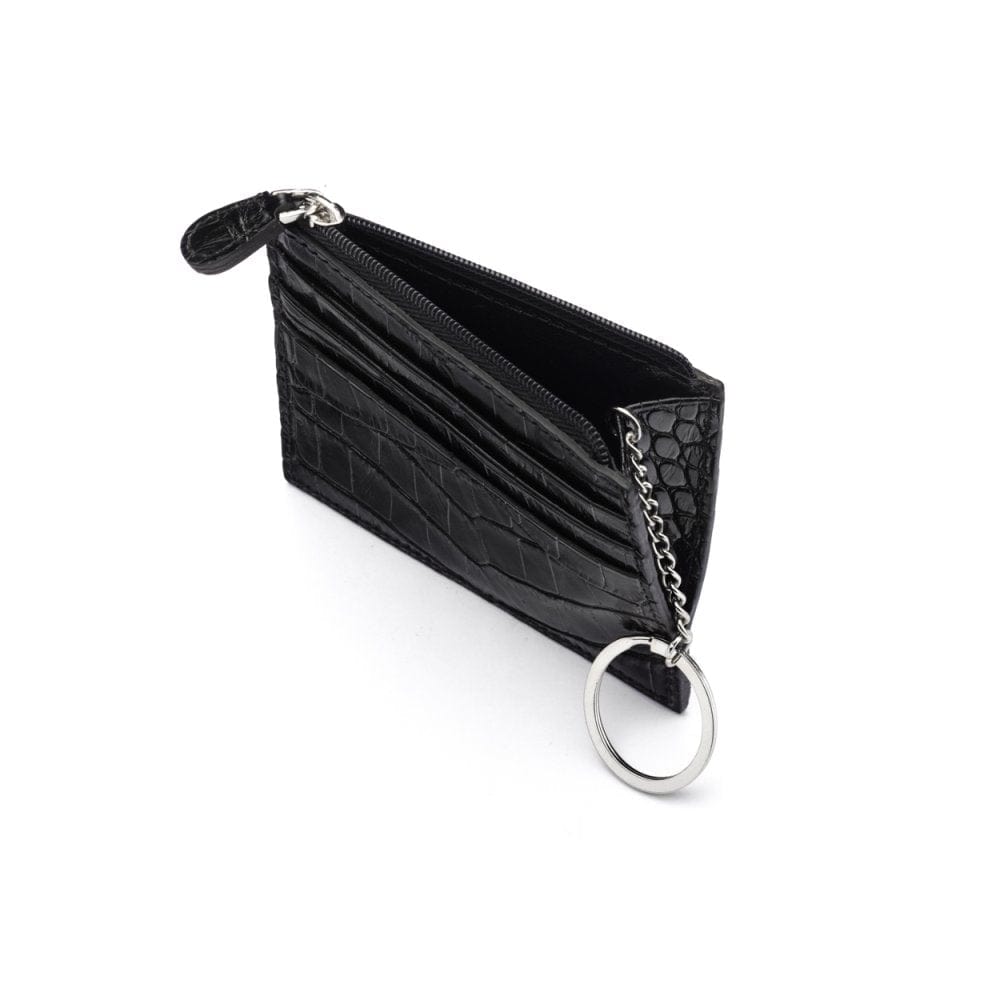Leather card case with zip coin purse and key chain, black croc, inside