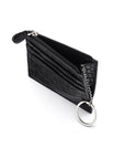 Leather card case with zip coin purse and key chain, black croc, inside