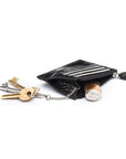 Leather card case with zip coin purse and key chain, black croc, open