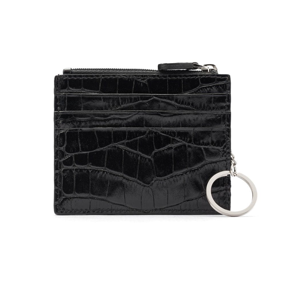 Leather card case with zip coin purse and key chain, black croc, front