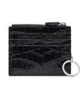 Leather card case with zip coin purse and key chain, black croc, front