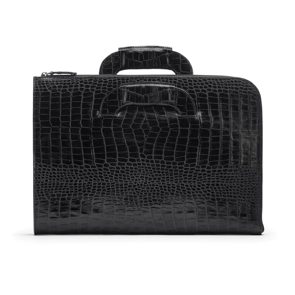 Leather document case with retractable handles, black croc, front
