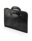 Leather document case with retractable handles, black croc, side