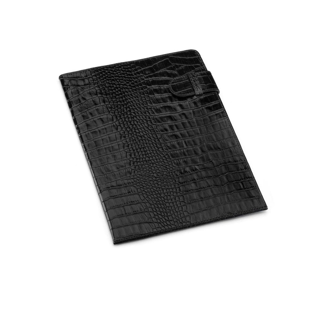 Leather document folder, black croc, front