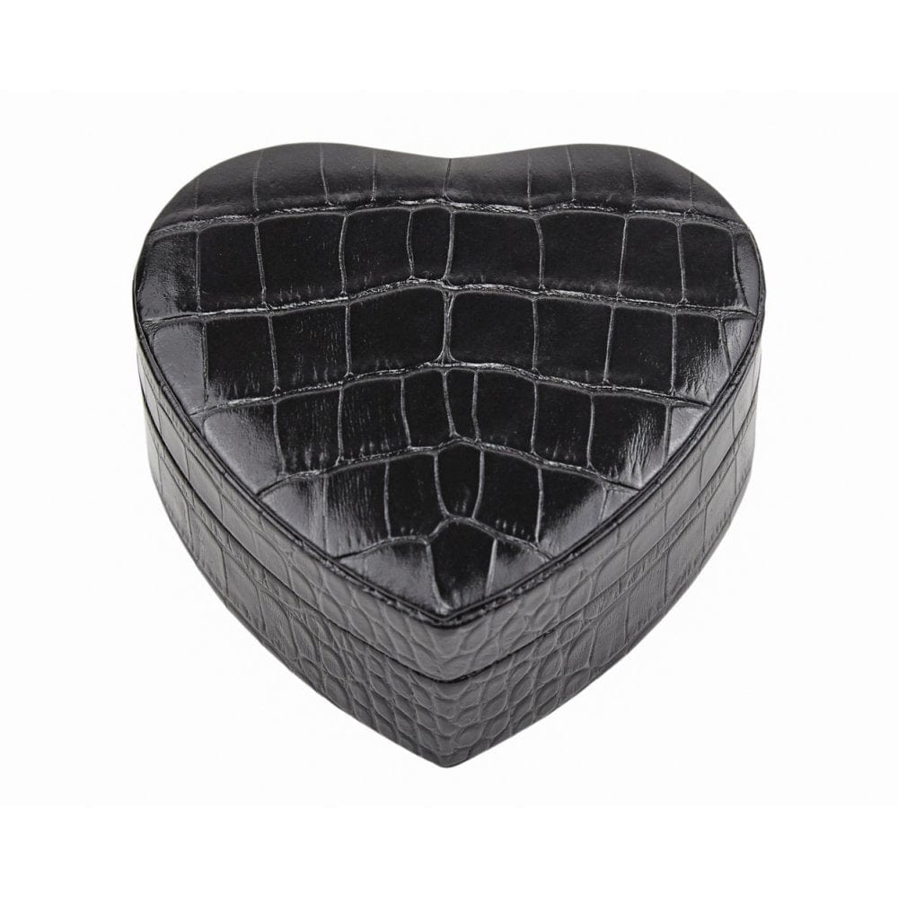 Leather heart shaped jewellery box, black croc, front