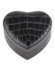 Leather heart shaped jewellery box, black croc, front