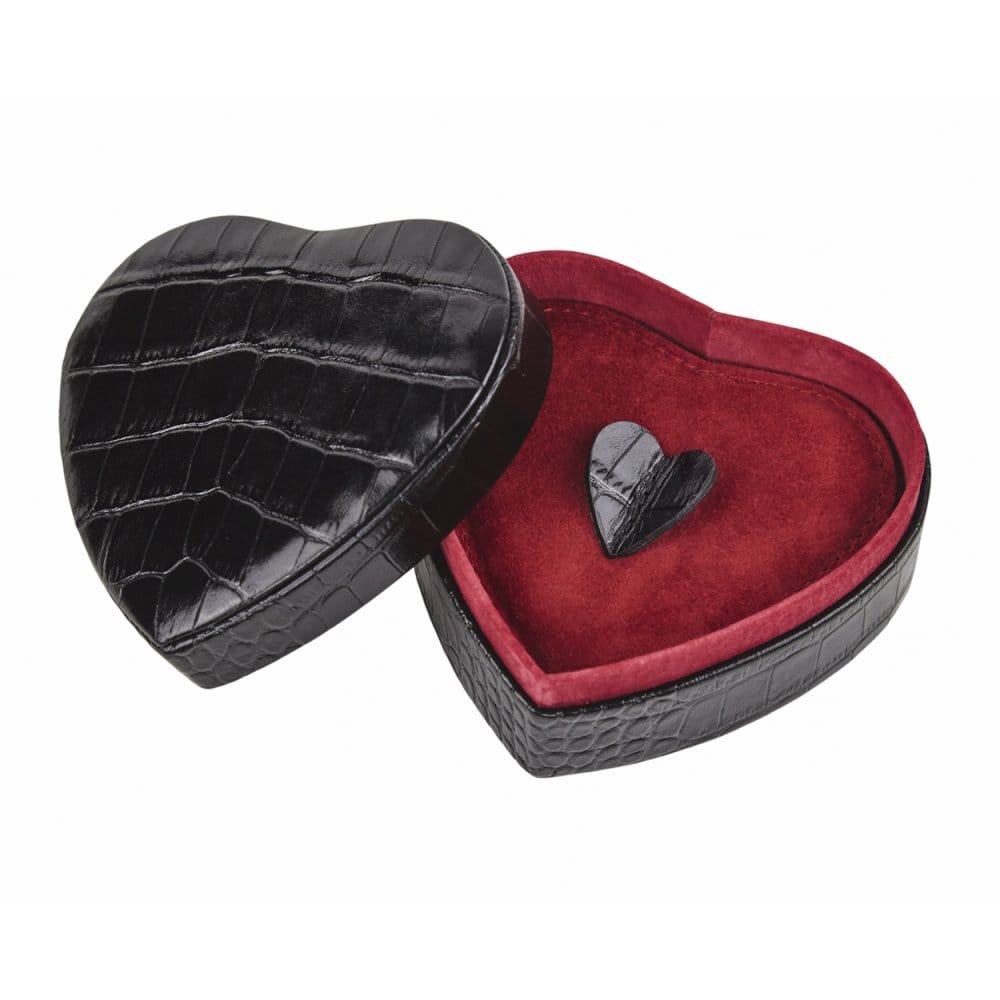 Leather heart shaped jewellery box, black croc, open