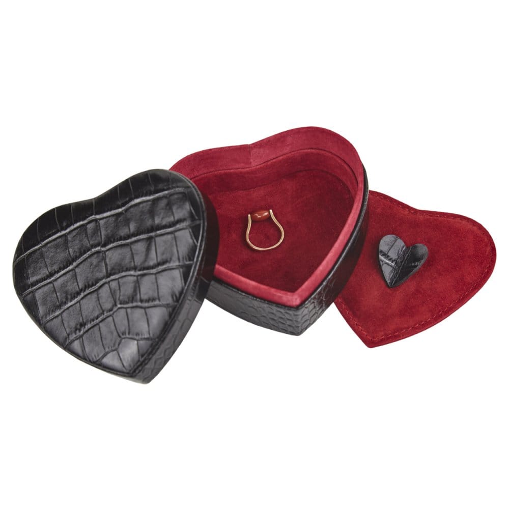 Leather heart shaped jewellery box, black croc, inside