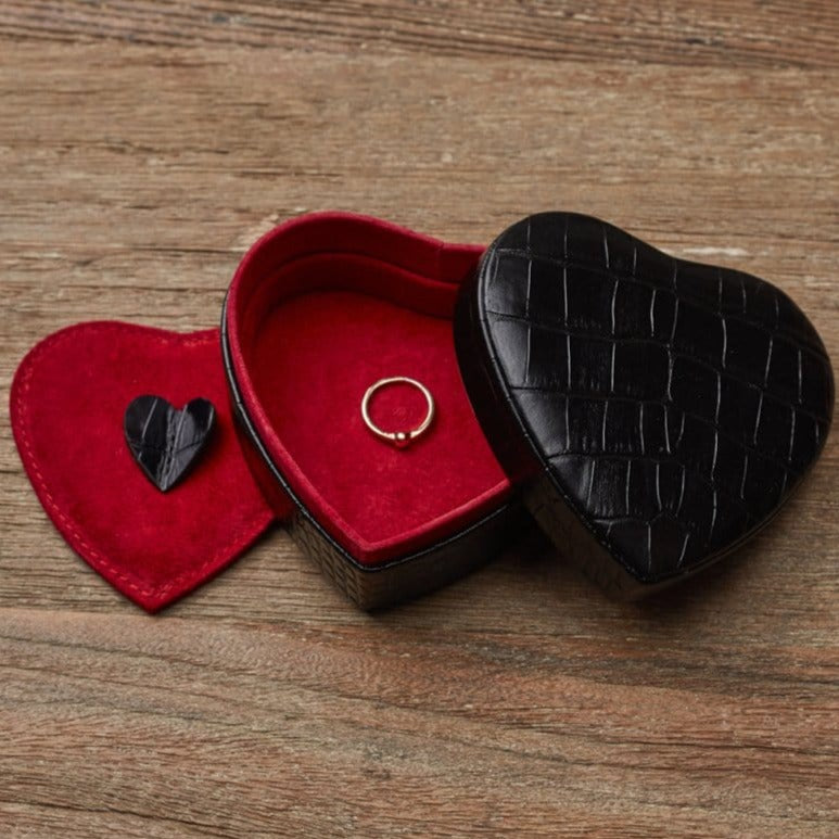 Leather heart shaped jewellery box, black croc, lifestyle