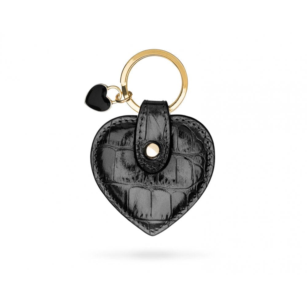 Leather heart shaped key ring, black croc, front