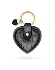 Leather heart shaped key ring, black croc, front