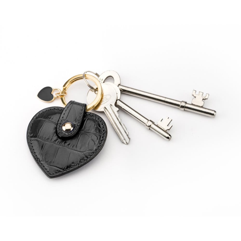 Leather heart shaped key ring, black croc
