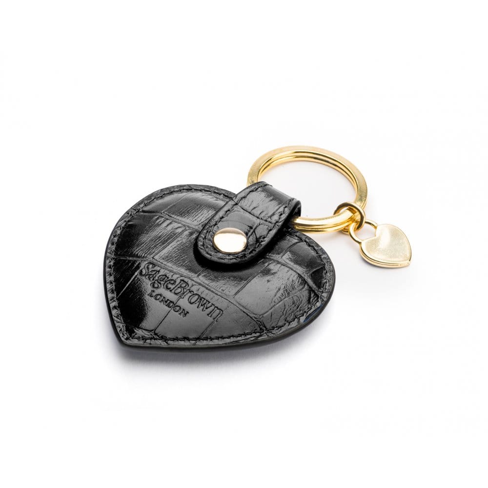 Leather heart shaped key ring, black croc, back