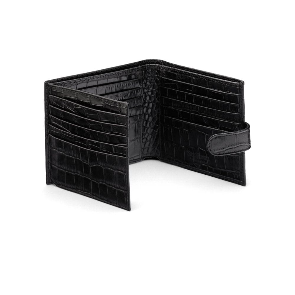 Leather wallet with tab closure, black croc, open
