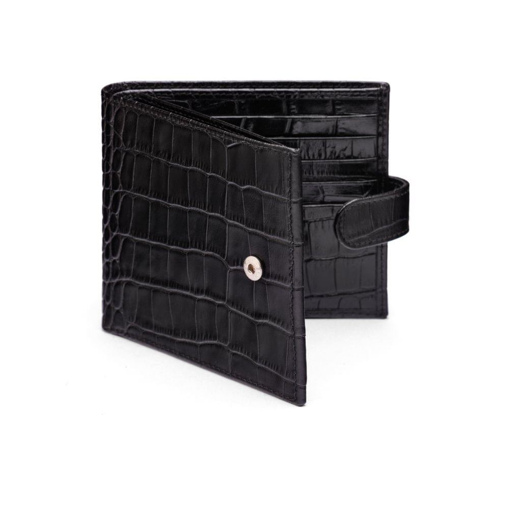 Leather wallet with tab closure, black croc, front