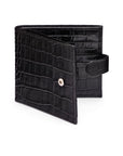 Leather wallet with tab closure, black croc, front