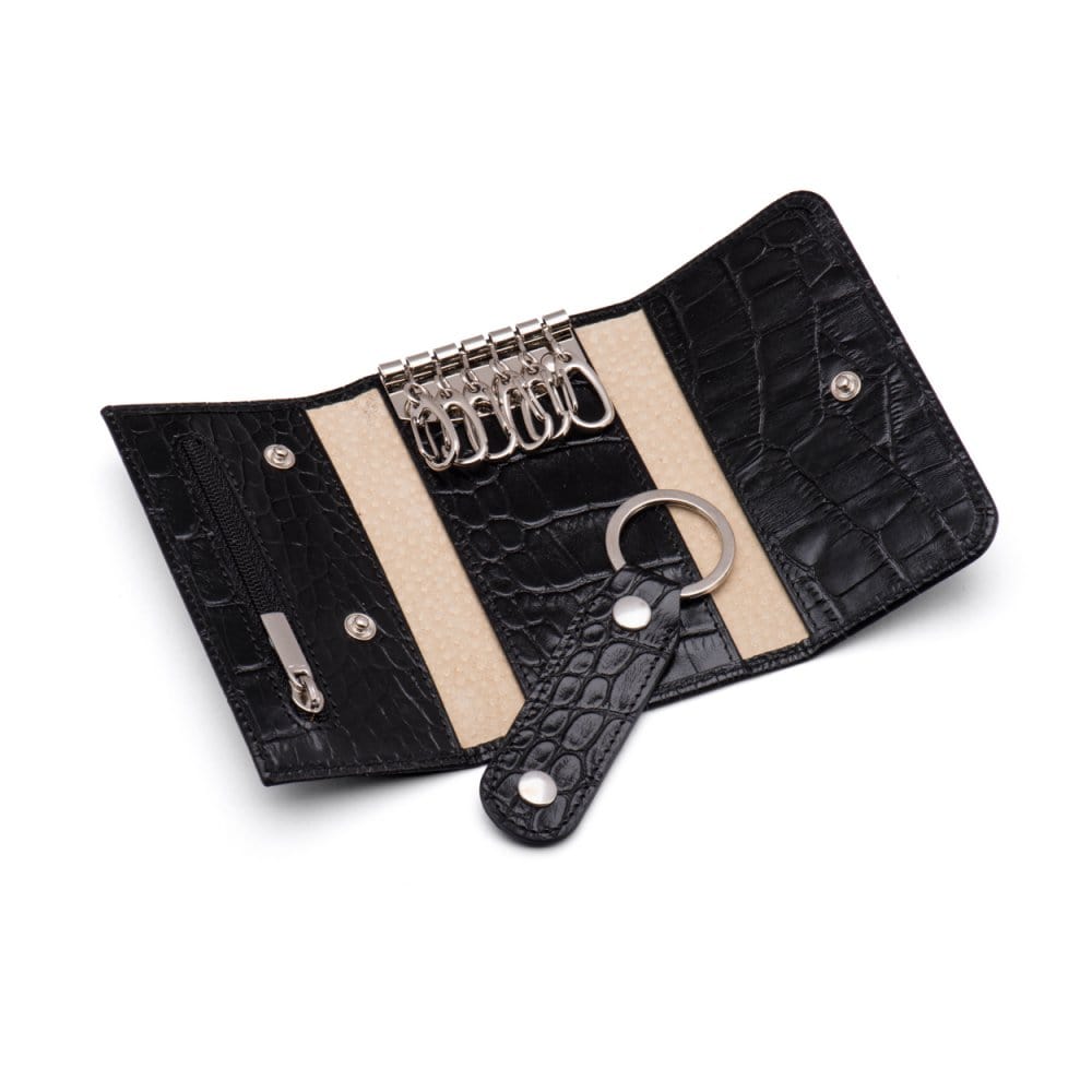 Key wallet with detachable key fob, black croc, open
