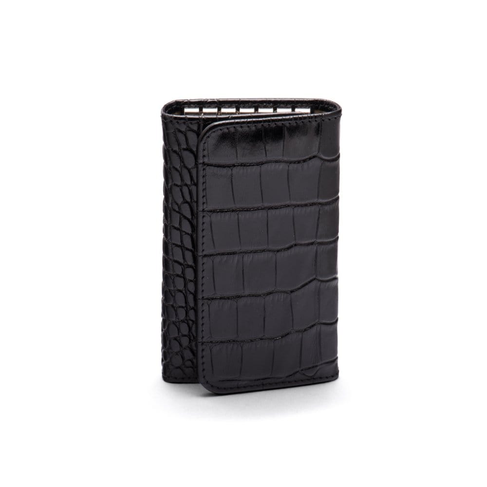 Key wallet with detachable key fob, black croc, front