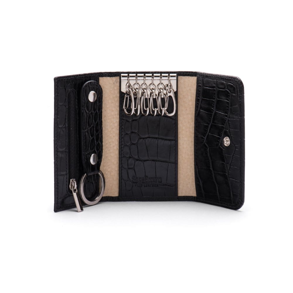 Key wallet with detachable key fob, black croc, inside