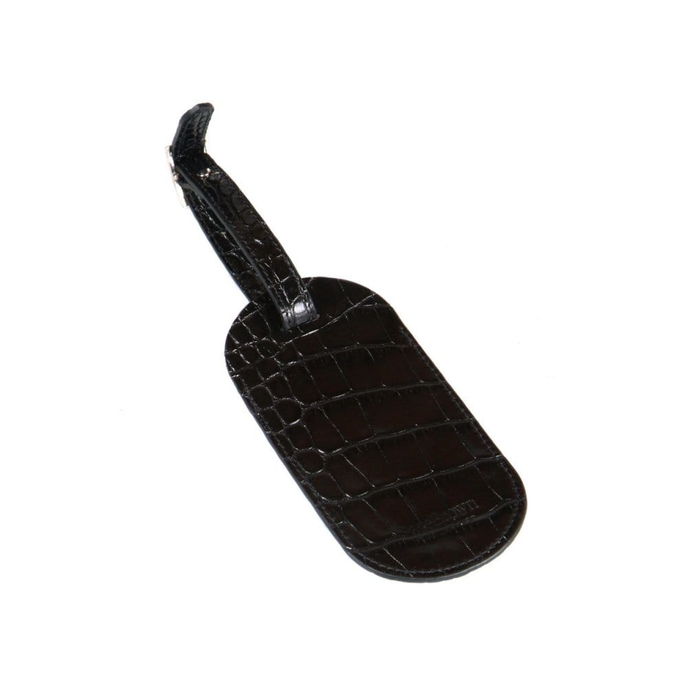 Leather luggage tag, black croc, back