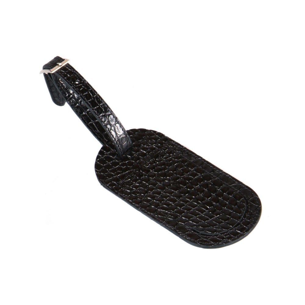 Leather luggage tag, black croc, front