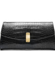 Leather clutch bag, black croc, front view