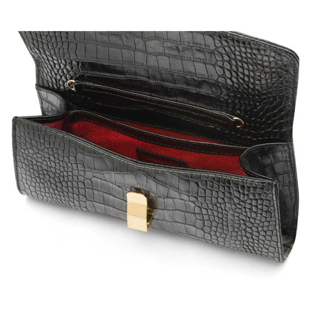 Leather clutch bag, black croc, inside