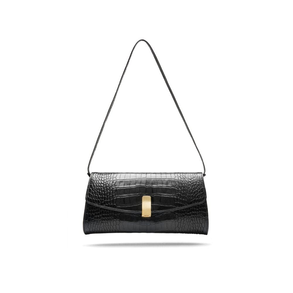 Leather clutch bag, black croc, with short strap