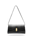 Leather clutch bag, black croc, with short strap