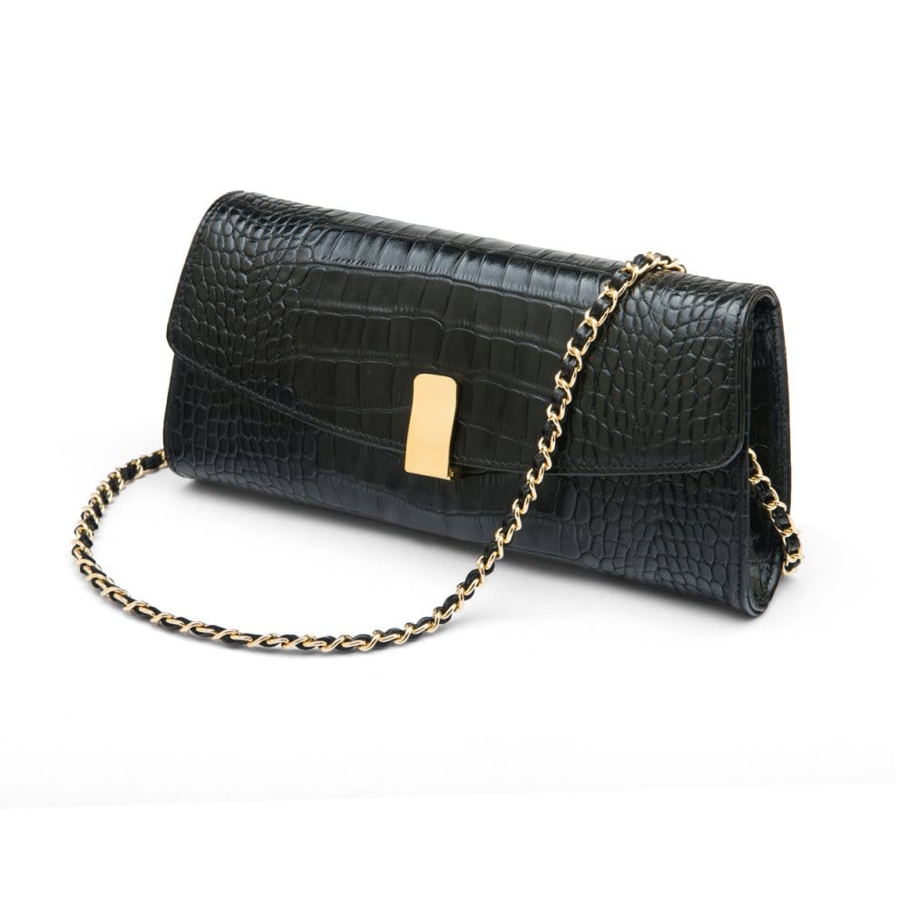 Leather clutch bag, black croc, with chain strap